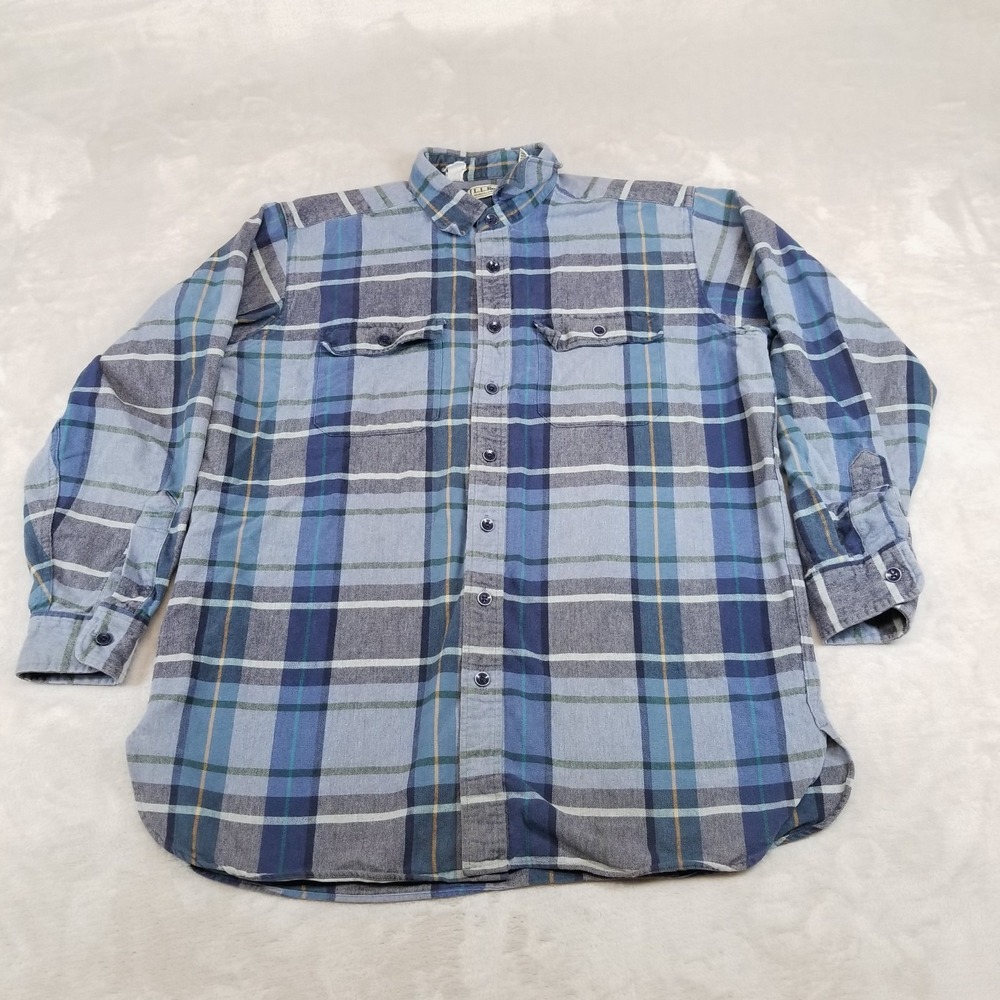 VTG LL Bean Shirt Mens L Tall‎ Blue Chamois Heavy Flannel Button Up Pockets